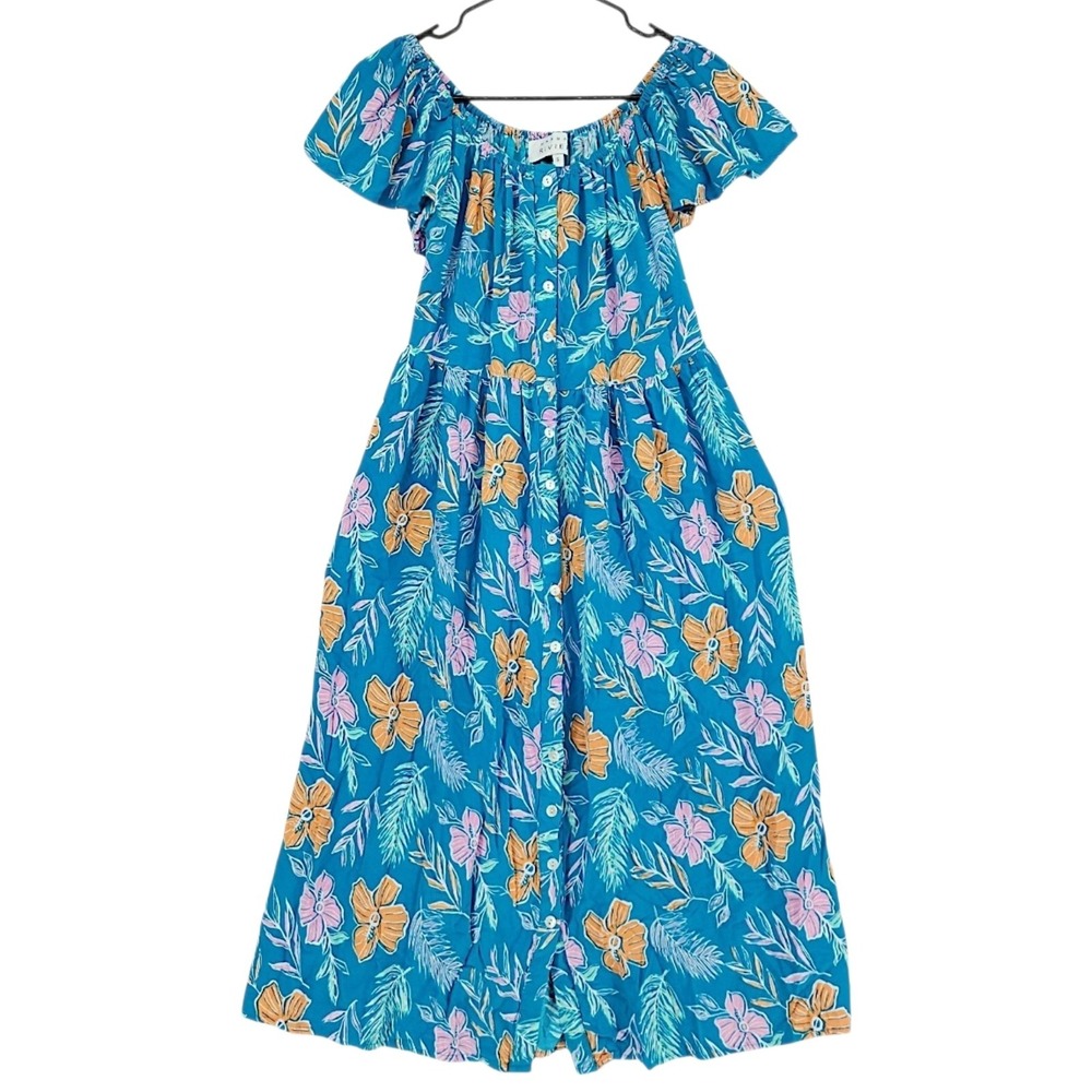 Margaux Riviera Sun Dress S Blue Midi Floral Tropical Aloha Mumu Boho Coverup